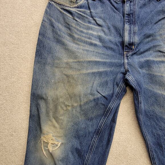 Vintage Distressed Carhartt Jeans Men’s 44x34 Relaxed Denim Leather Patch - Picture 8 of 9